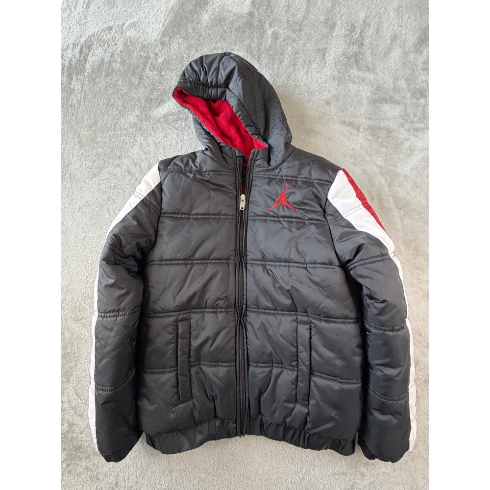 Jordan Puffer Jacket Kids Large 12-13Y Black Red White Hooded Full Zip Padded